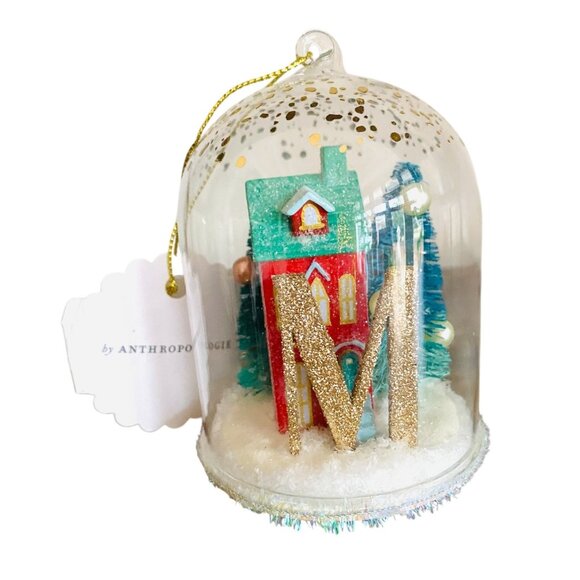 Anthropologie Festive Letter M Snow Globe Ornament Village House and Trees New - Picture 1 of 5